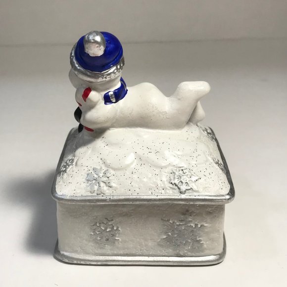 Vintage Ceramic Snowman Snowflake Christmas Trinket Box Jewelry Blue WhiteSilver - Picture 8 of 16